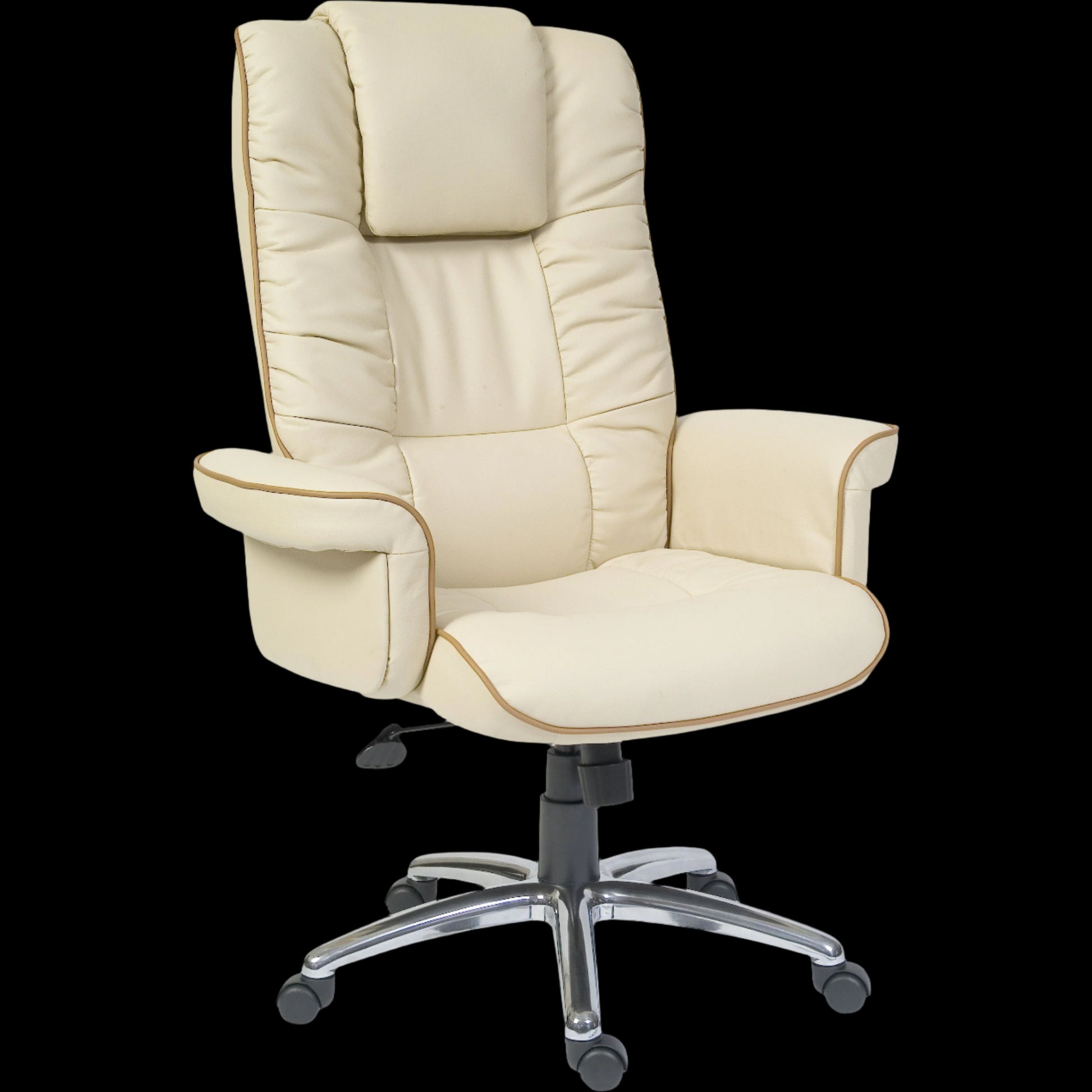 Beige office chair with a high backrest on a black background