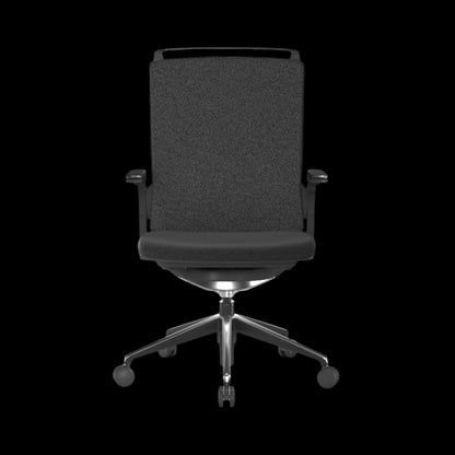 Black office chair with a fabric back on a black background