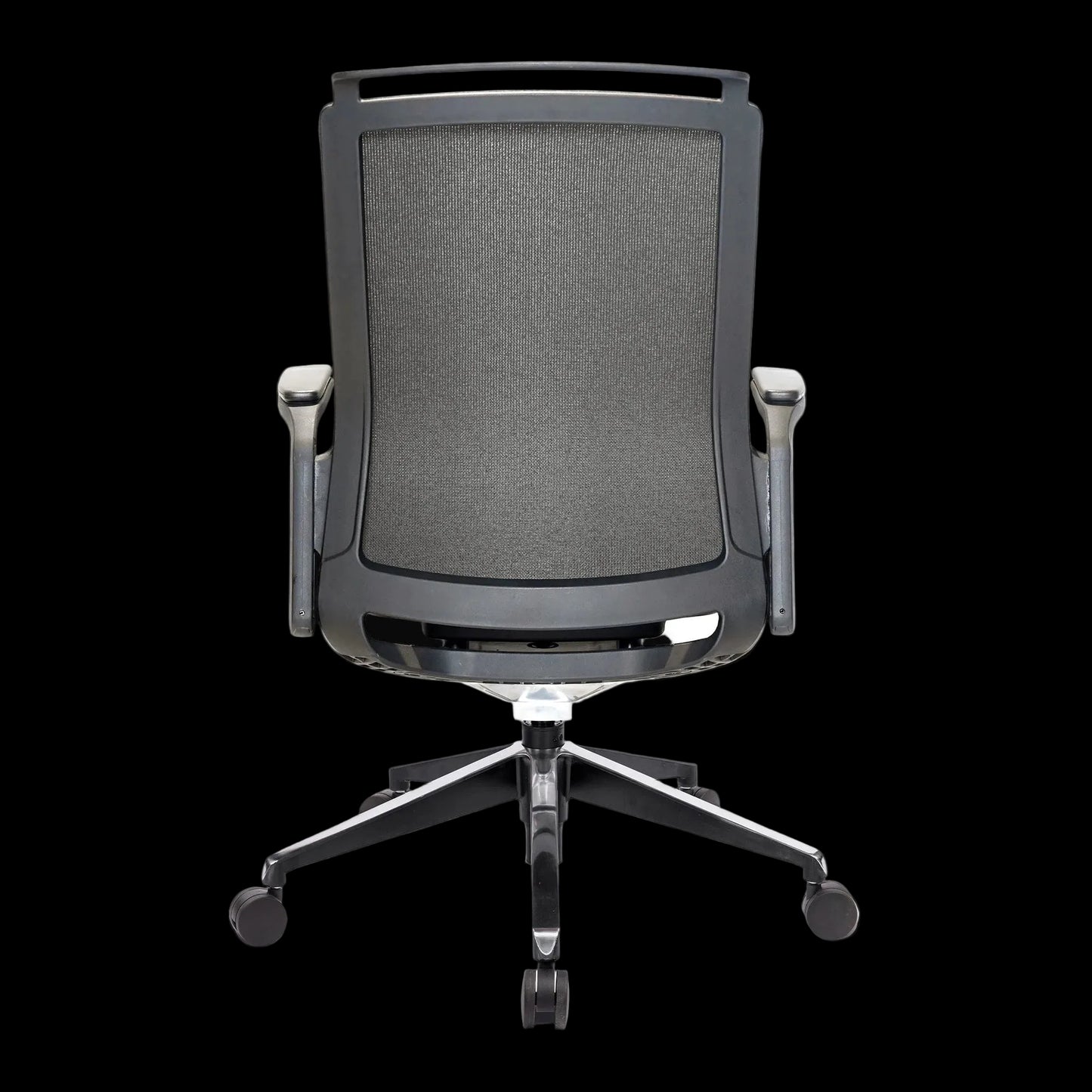Gray office chair with mesh backrest on a white background