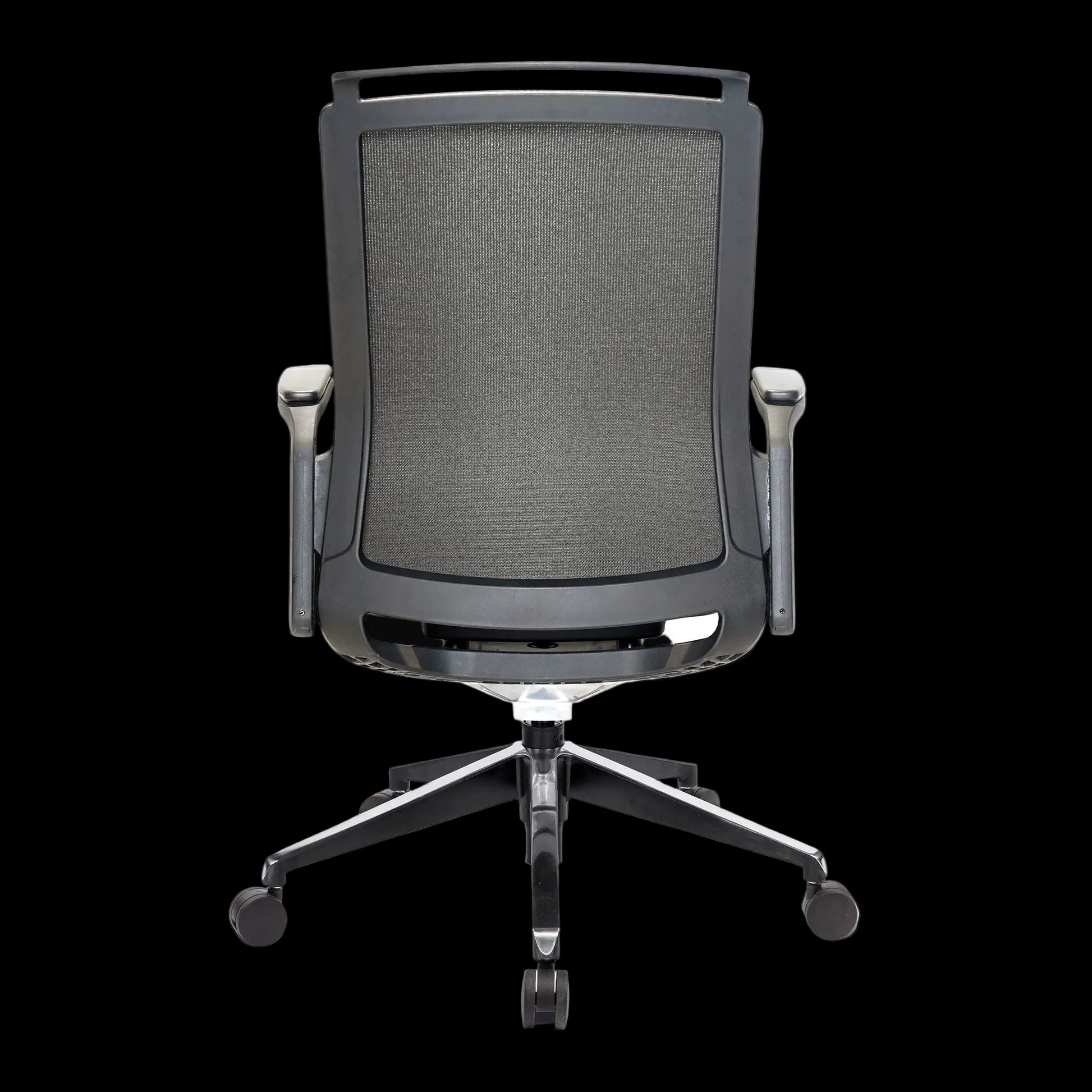 Gray office chair with mesh backrest on a white background