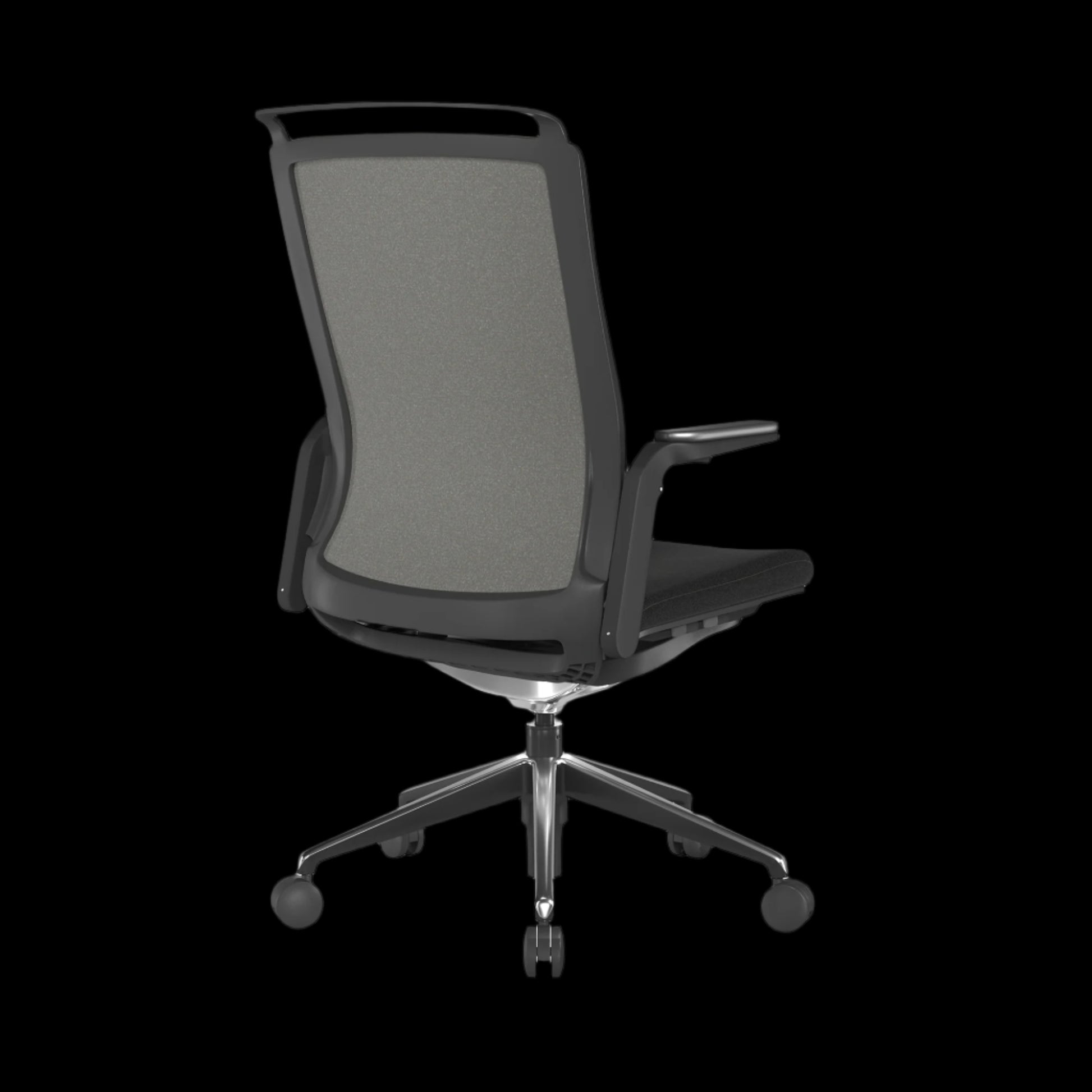Black/Gray office chair with a fabric back on a black background