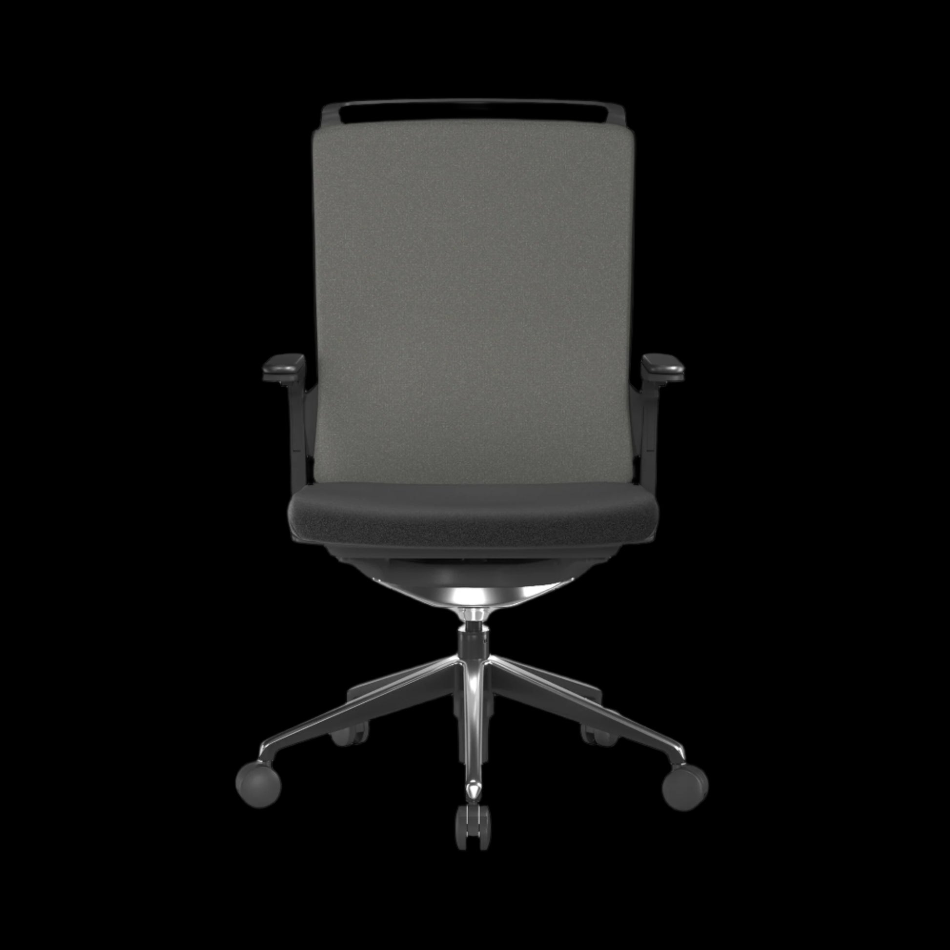 Black/grey office chair with a black background