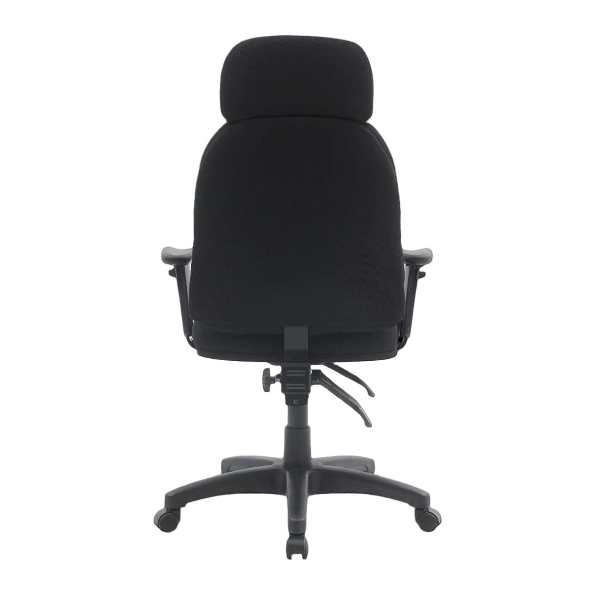Black office chair with headrest on a black background