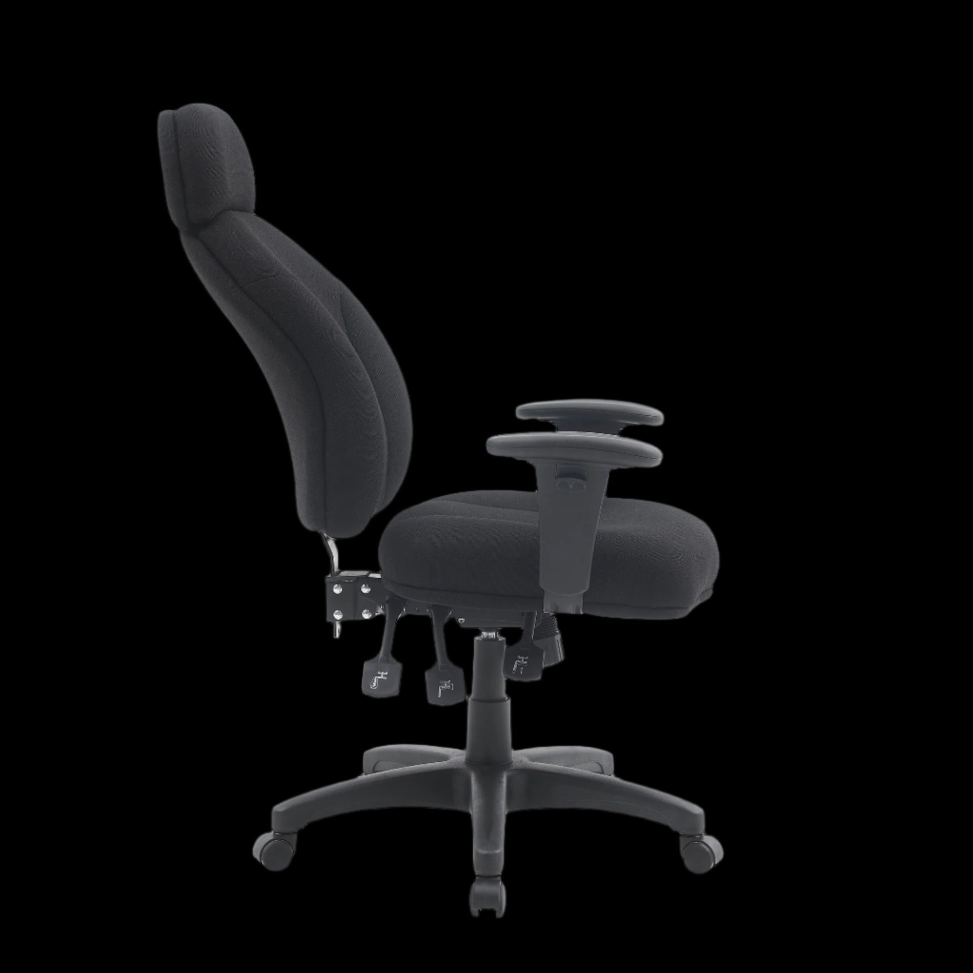 Black office chair with adjustable armrests and adjustable back on a black background