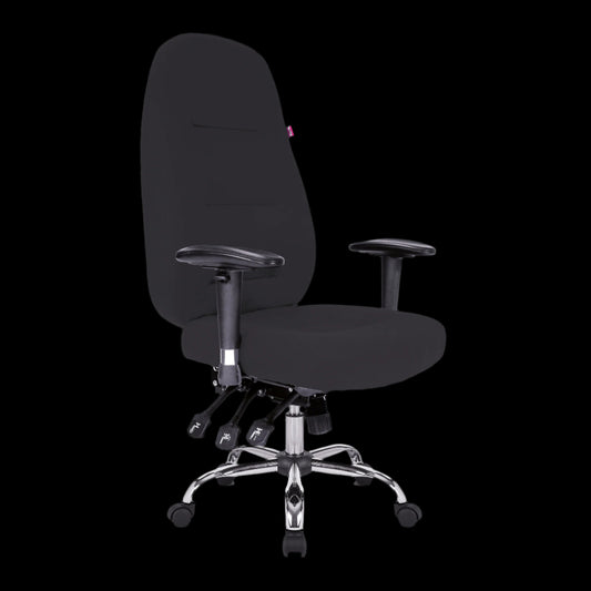 Black office chair with adjustable arms on a black background