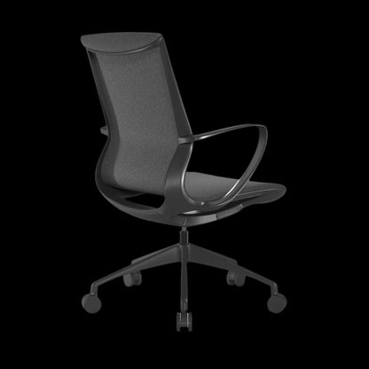 Black office chair with mesh back on a black background