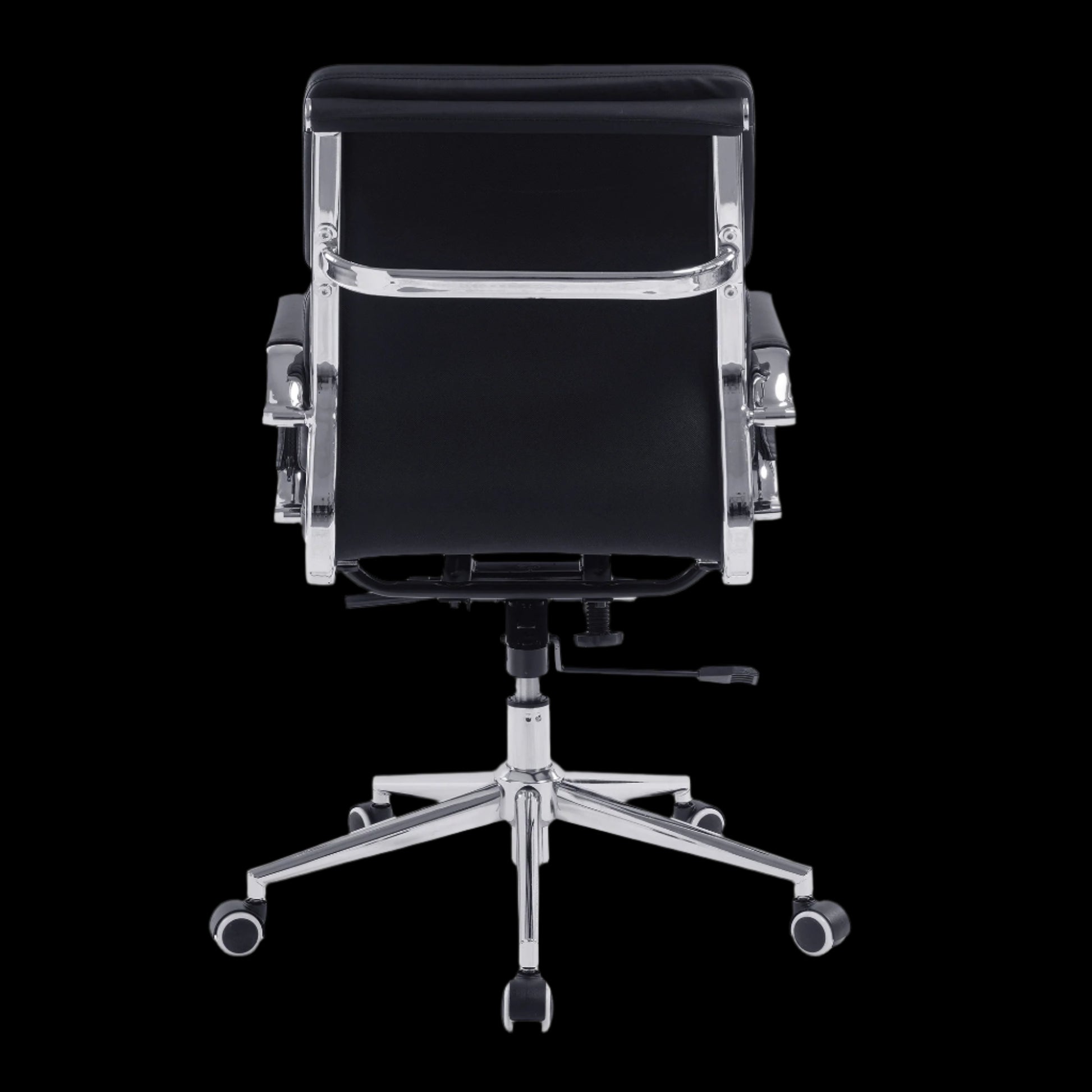 Black office chair with chrome base on a black background