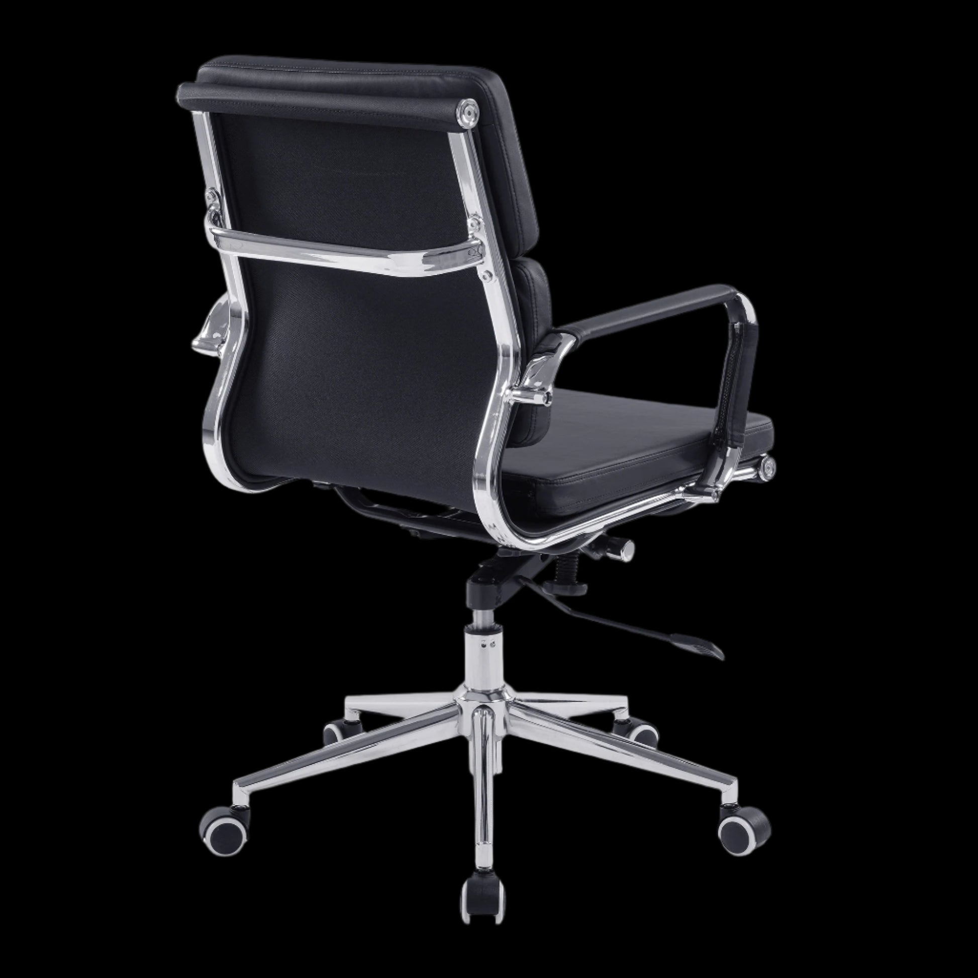Black office chair with chrome base on a black background