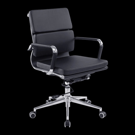 Black office chair with chrome base on a black background