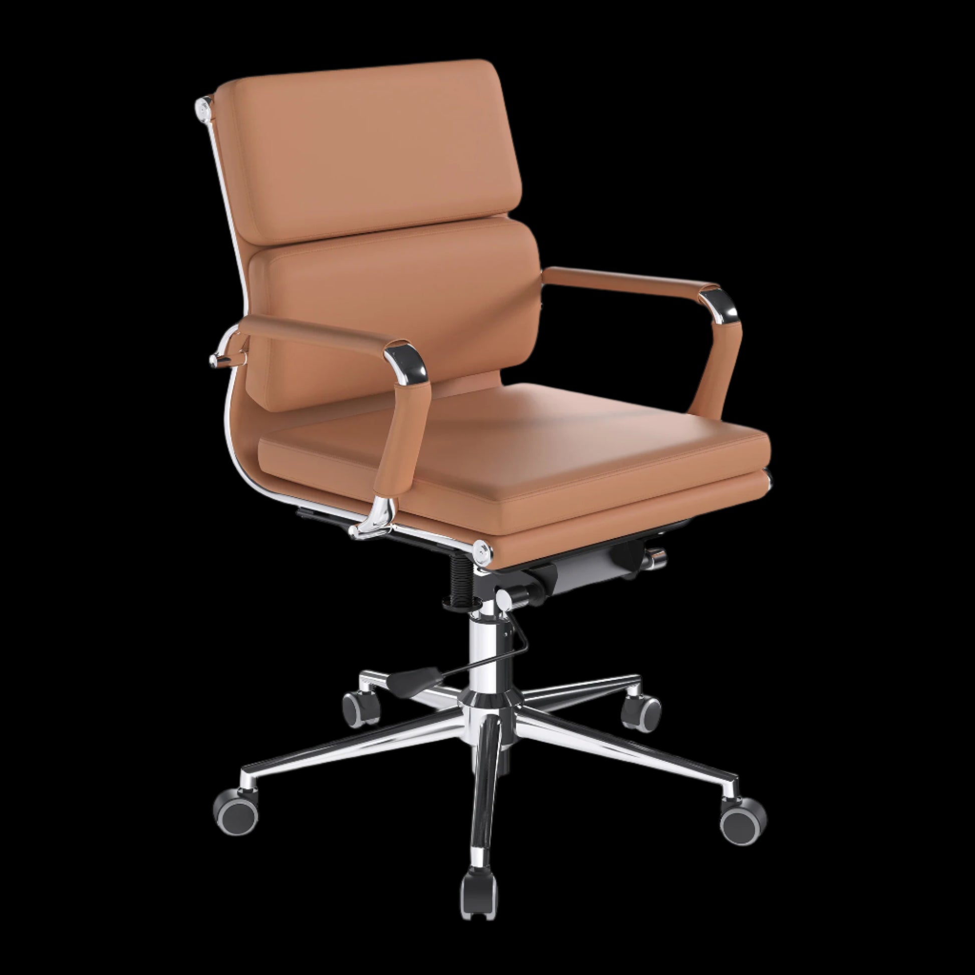 Brown office chair with chrome base on a black background