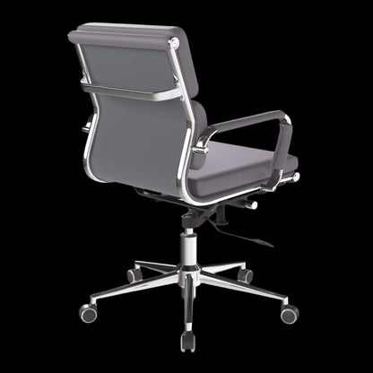Gray office chair with chrome base on a black background