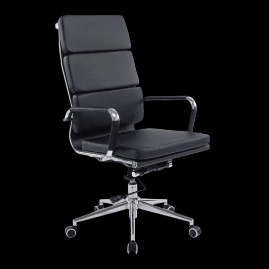 Black office chair with high backrest on a black background
