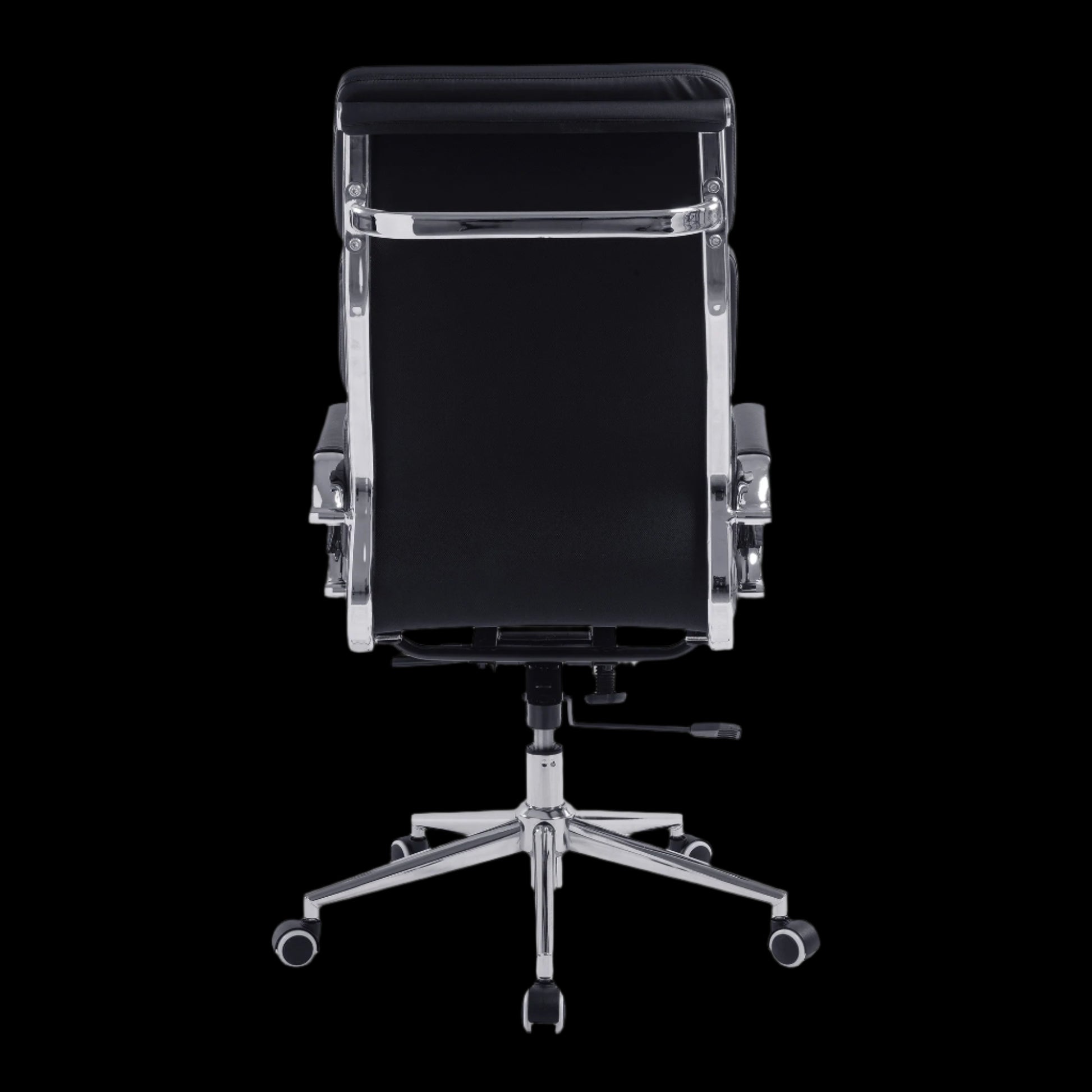 Black office chair with chrome frame on a black background