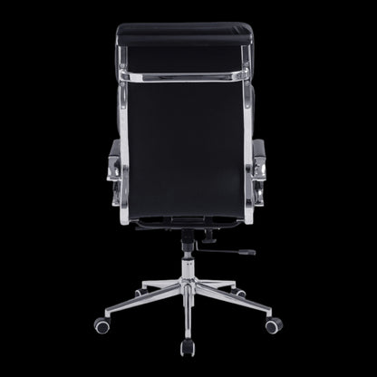 Black office chair with chrome frame on a black background