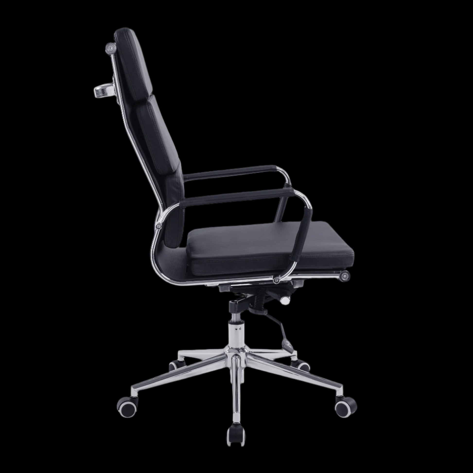 Black office chair with a high backrest on a black background