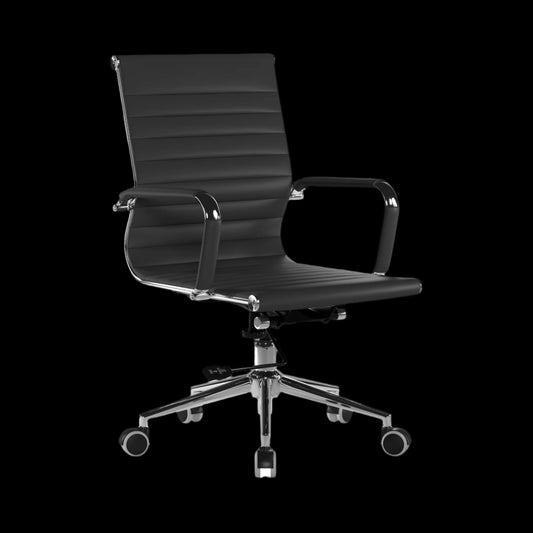 Black office chair with a ribbed backrest on a black background