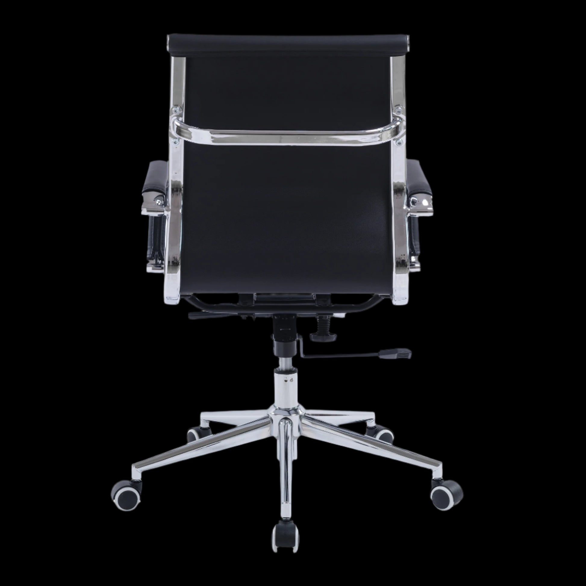 Black office chair with chrome base on a black background