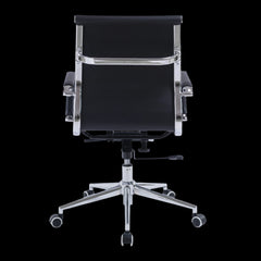 Black office chair with chrome base on a black background