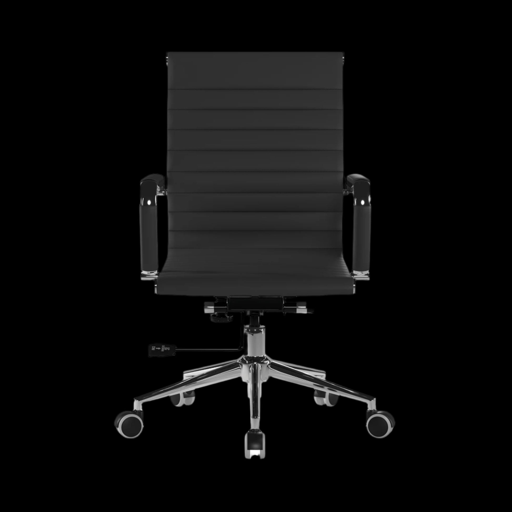 Black office chair with ribbed backrest on a black background