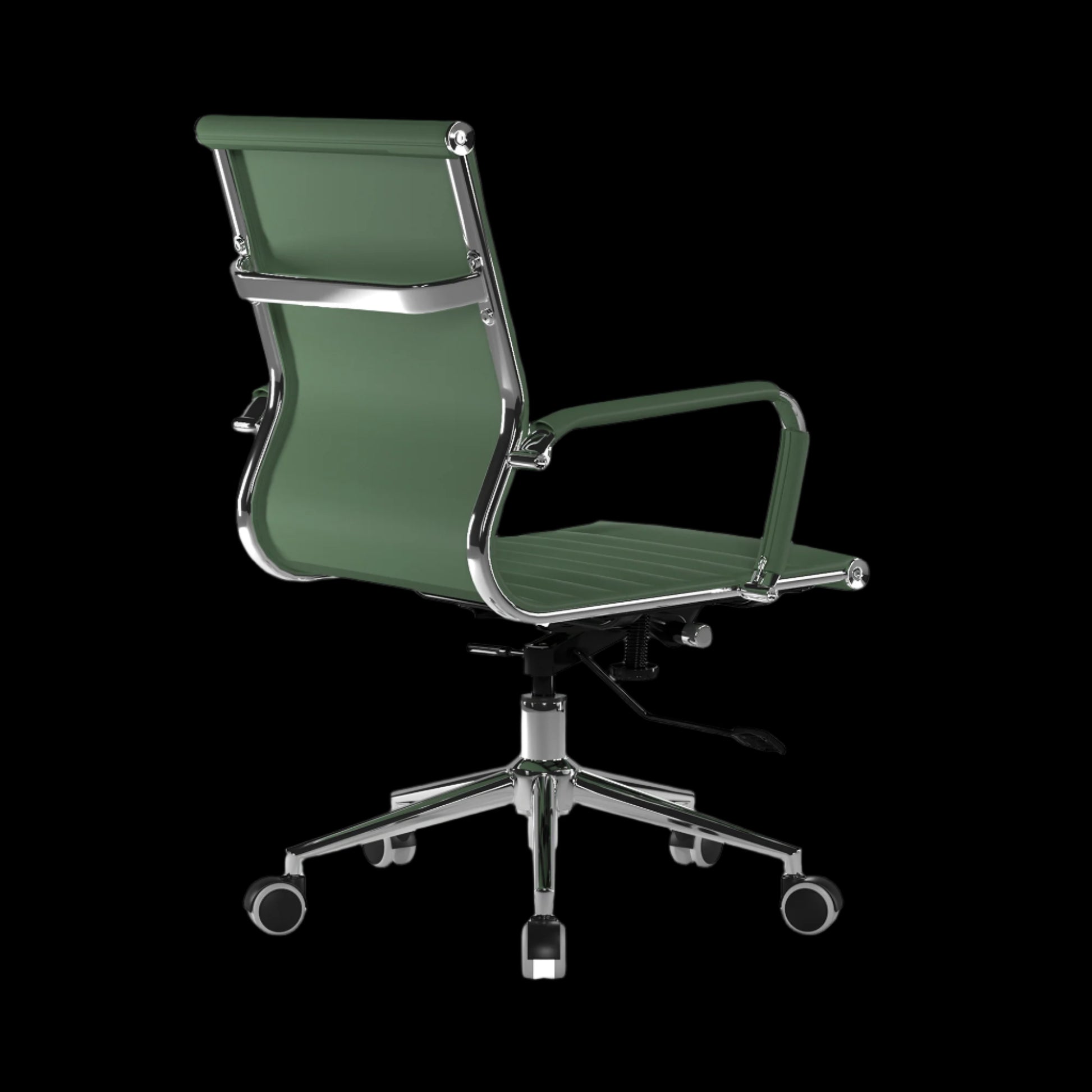 Green office chair with chrome accents on a black background
