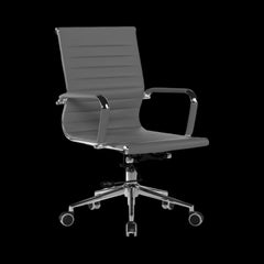 Gray office chair with a ribbed backrest on a black background