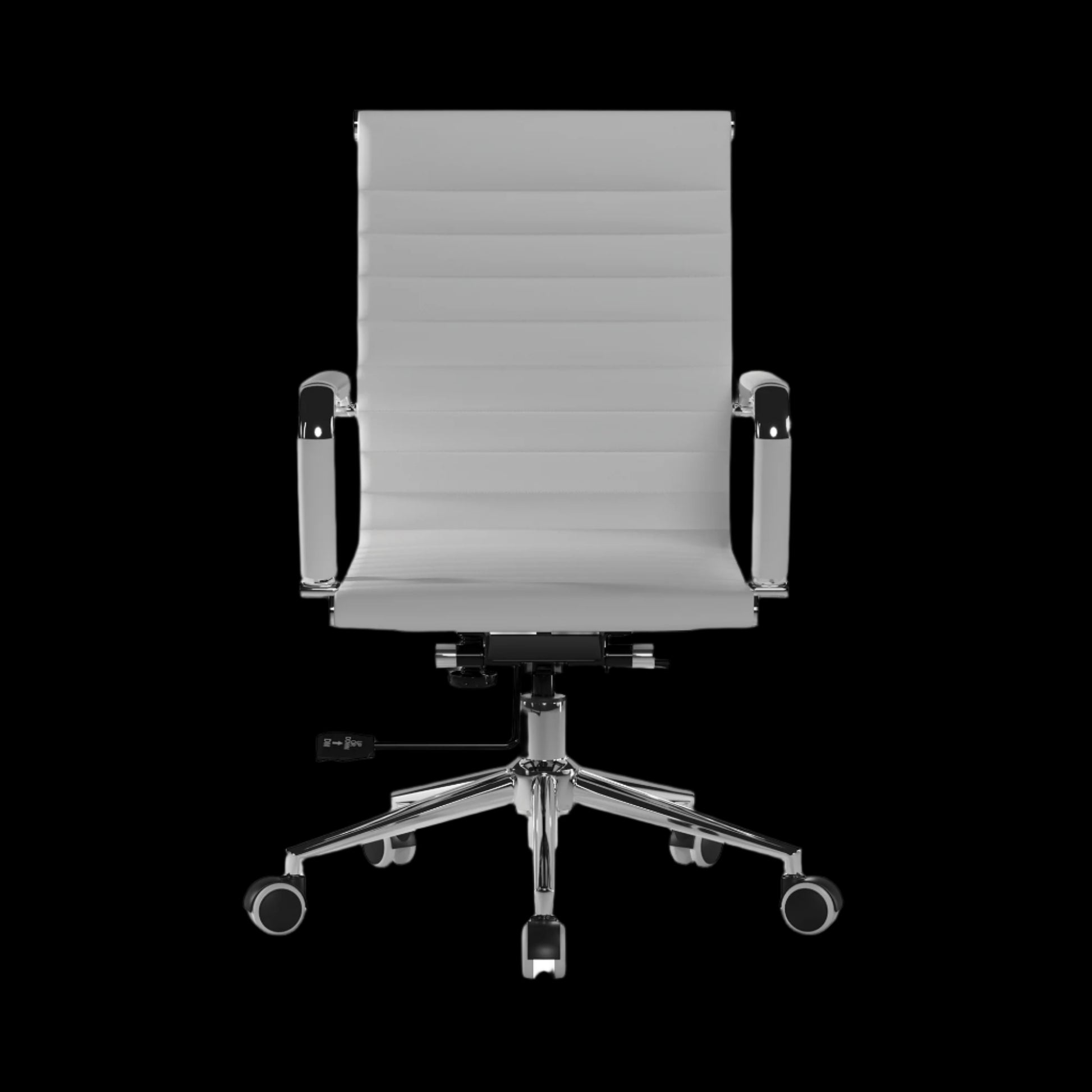 Gray office chair with a ribbed backrest on a black background