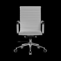 Gray office chair with a ribbed backrest on a black background