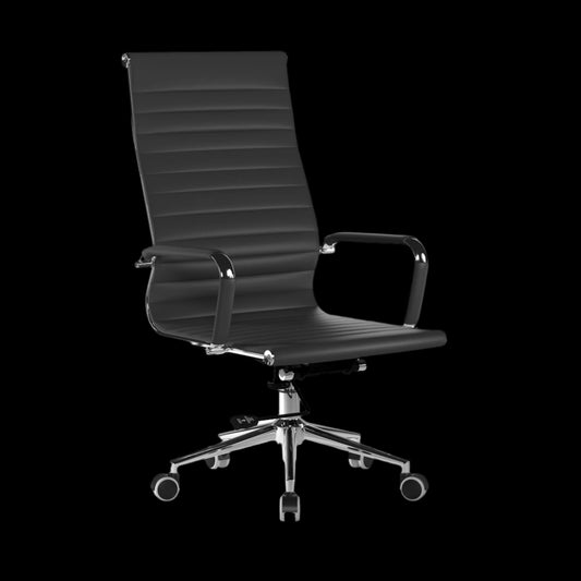 Black office chair with high backrest on a black background