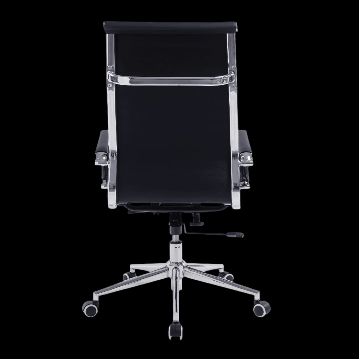 Black office chair with chrome base on a black background
