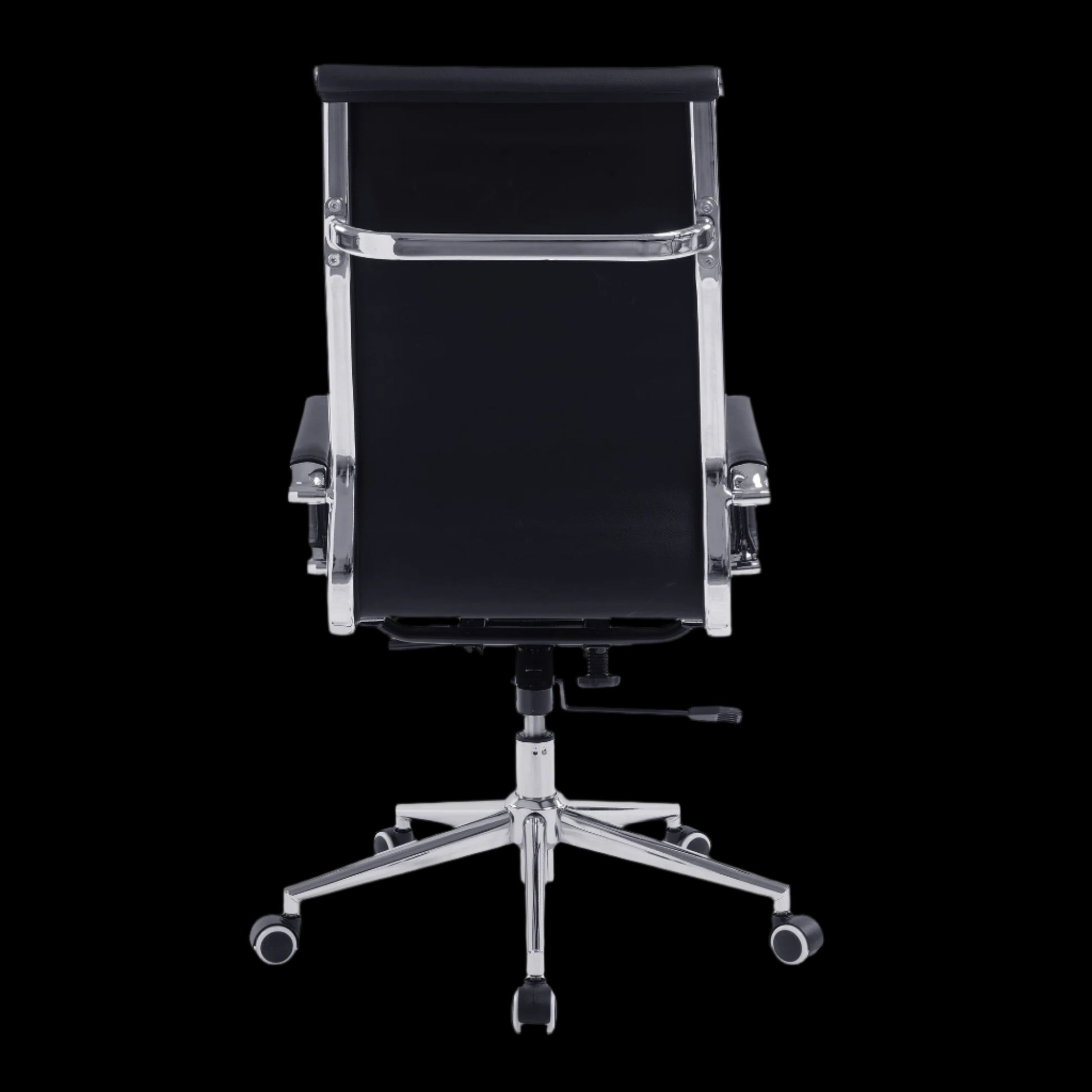 Black office chair with chrome base on a black background