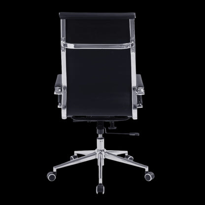 Black office chair with chrome base on a black background