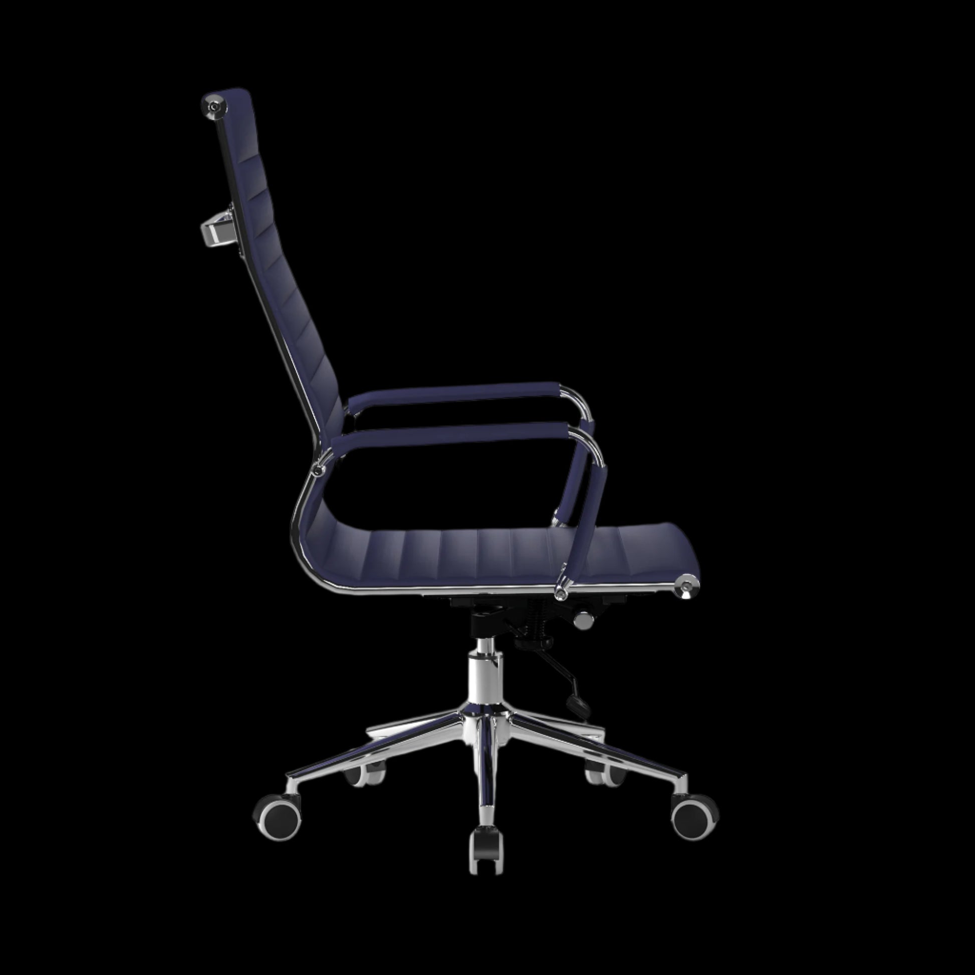 Navy office chair with chrome base on a black background