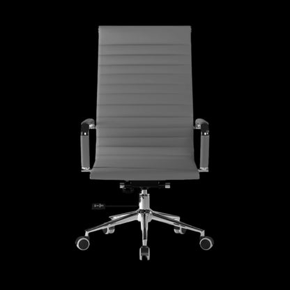 Gray office chair with ribbed backrest on a black background