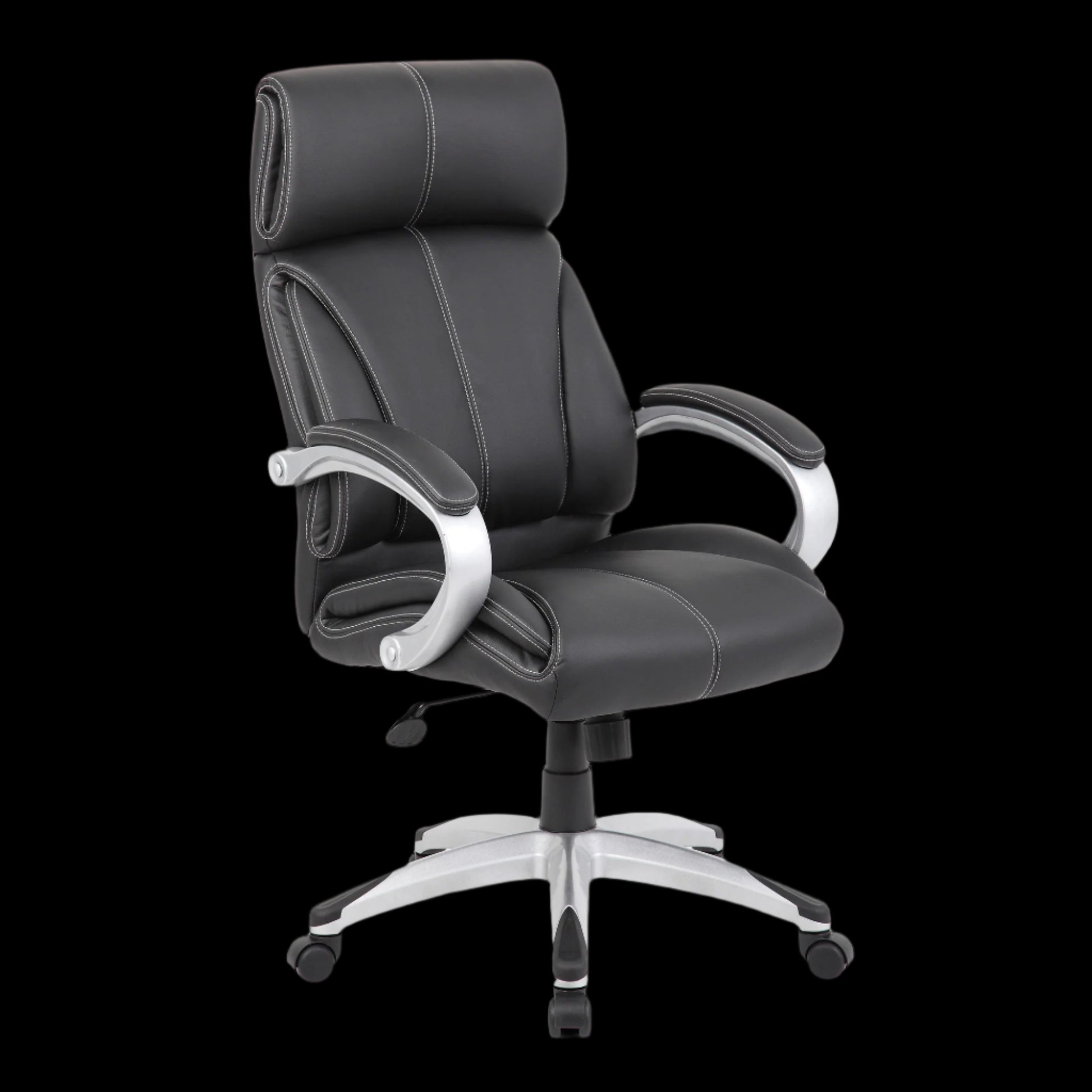 Black office chair with silver base on a black background
