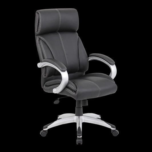 Black office chair with silver base on a black background
