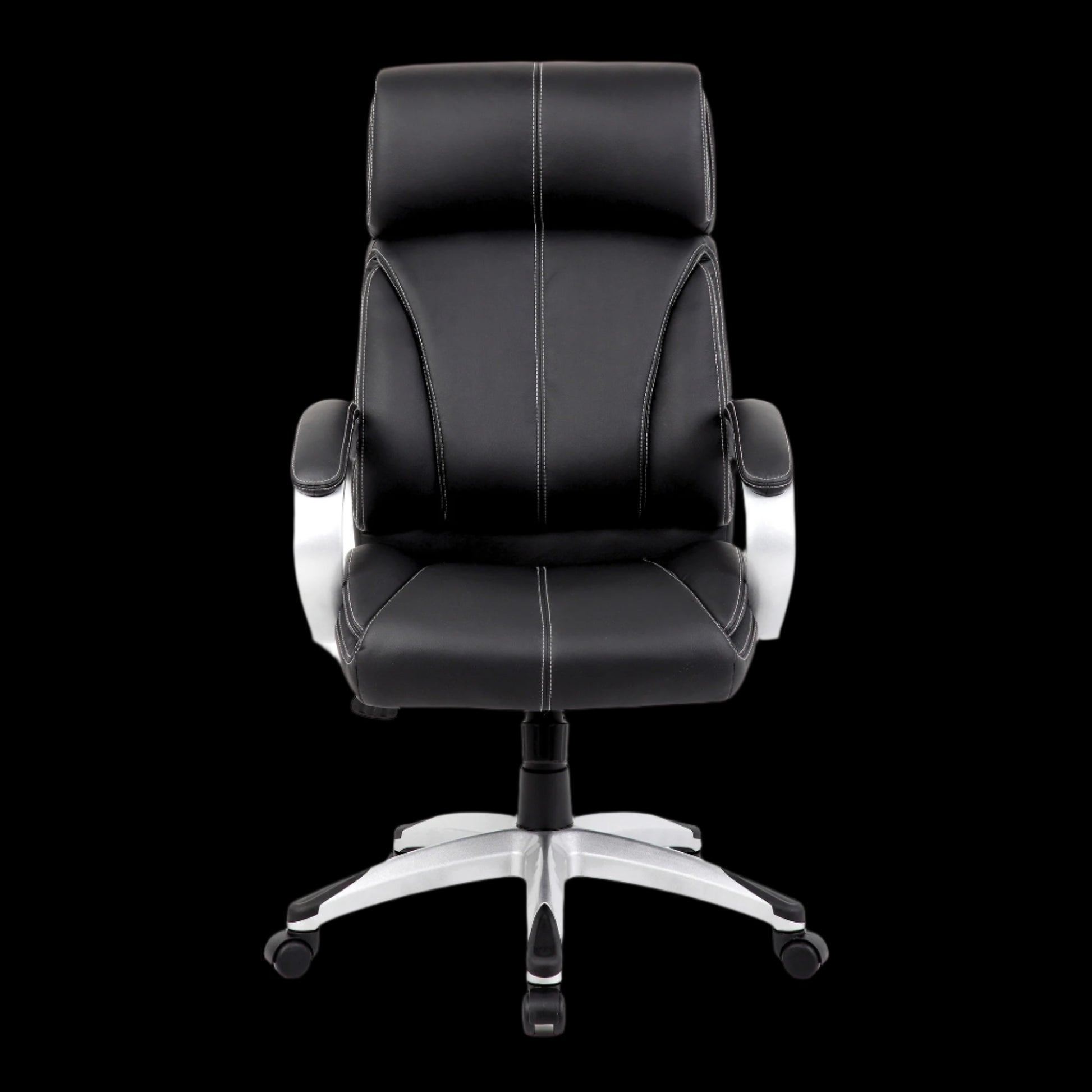 Black office chair with silver base on a black background