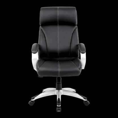 Black office chair with silver base on a black background