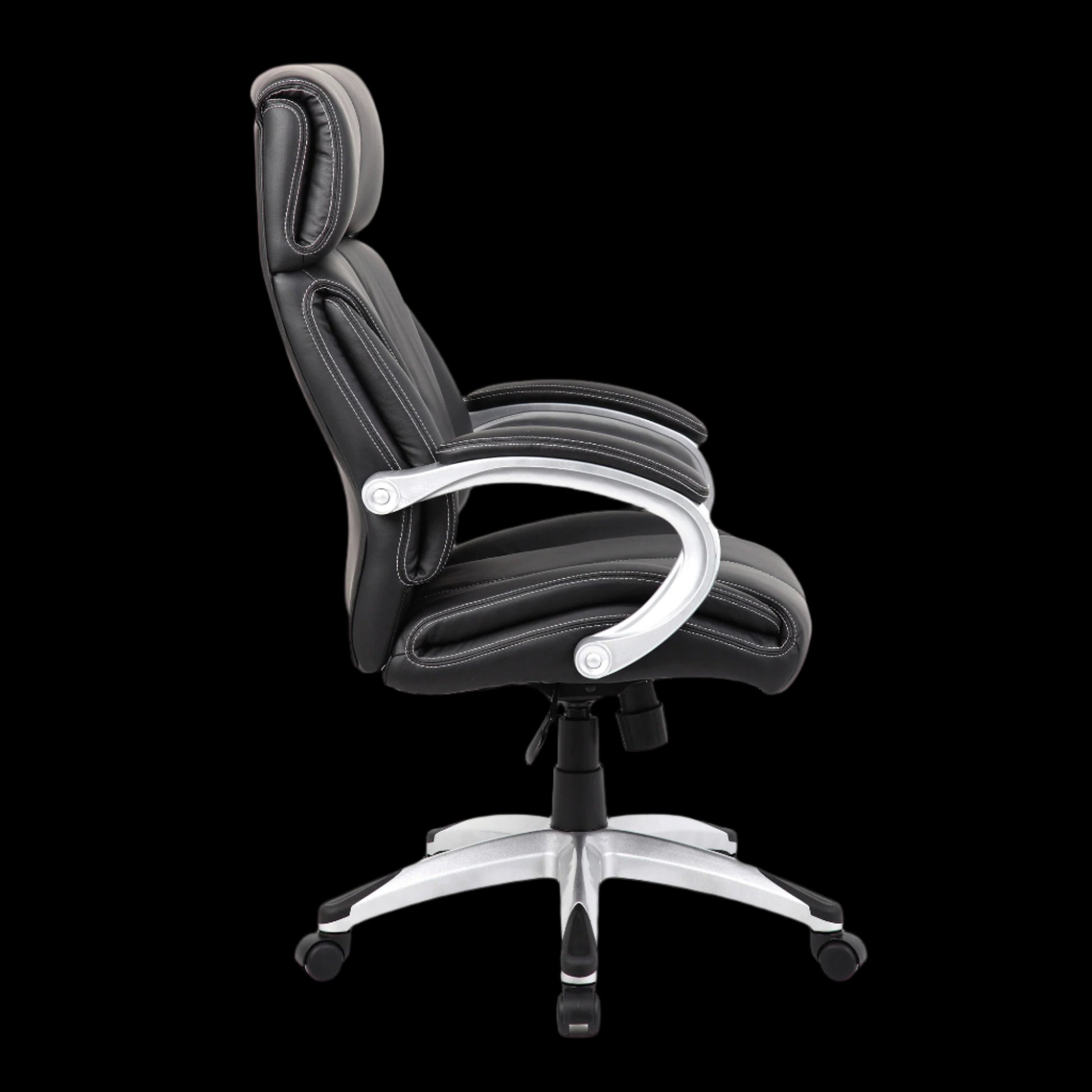 Black office chair with white accents on a black background