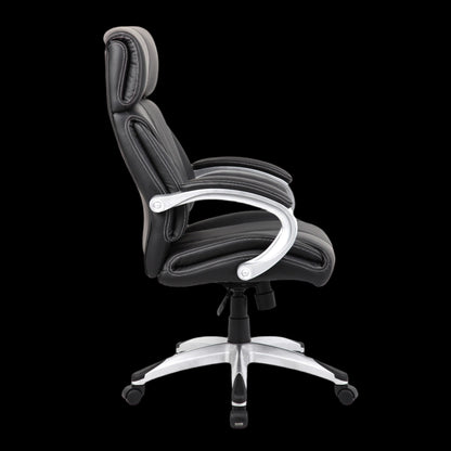 Black office chair with white accents on a black background