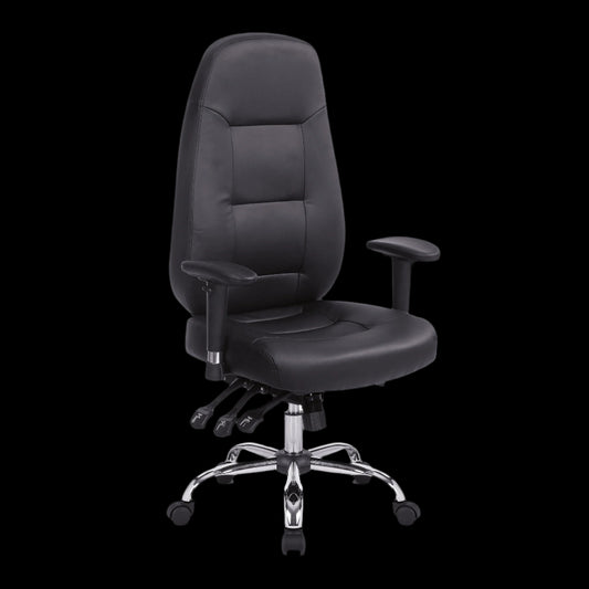 Black office chair with chrome base on a black background