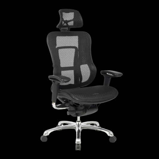 Black office chair with mesh backrest on a black background