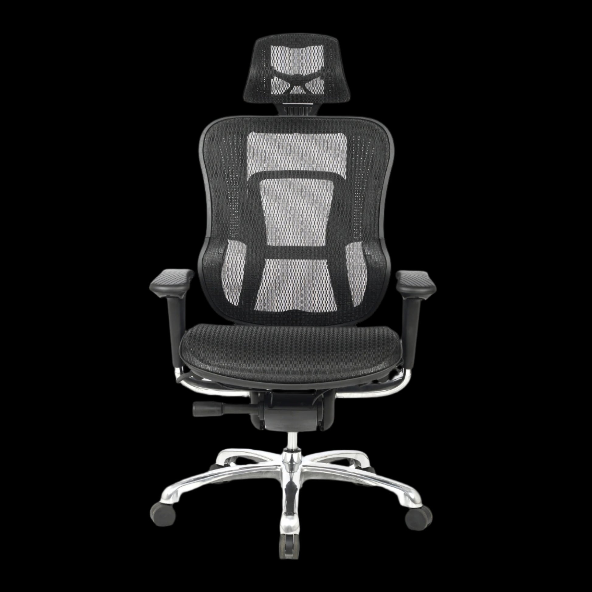 Black office chair with mesh back and headrest on a black background