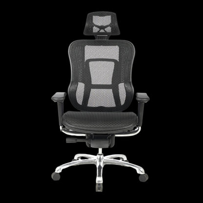 Black office chair with mesh back and headrest on a black background