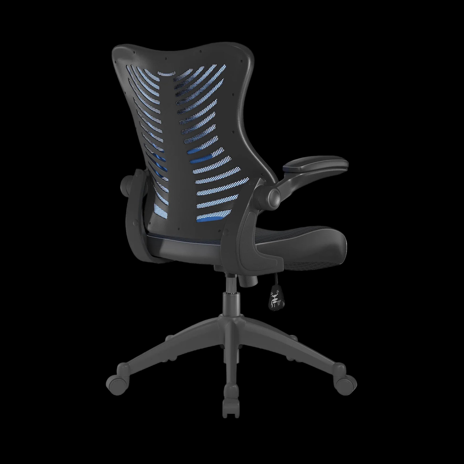 Black office chair with mesh back on a black background