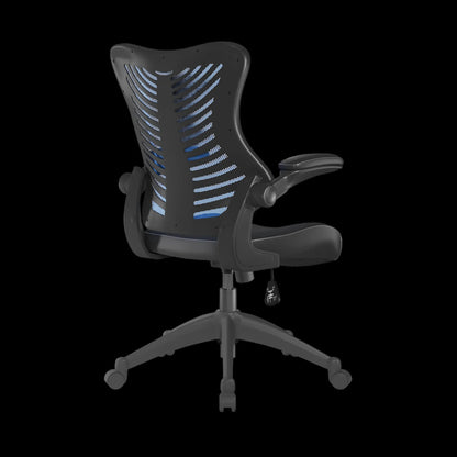 Black office chair with mesh back on a black background