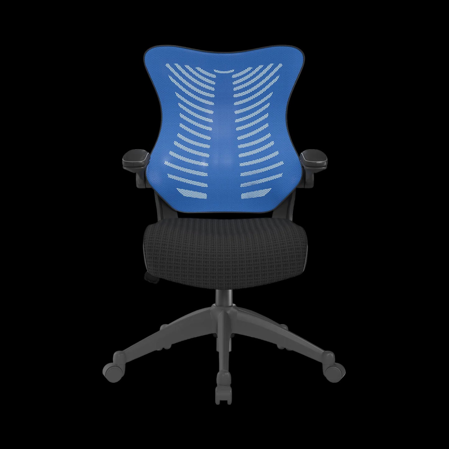 Blue office chair with black mesh seat on a black background
