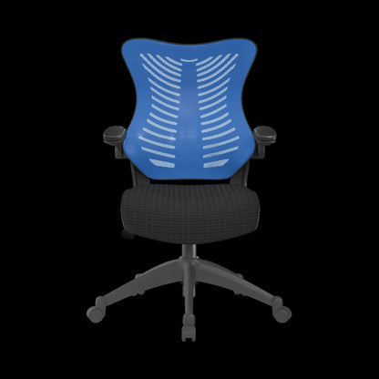 Blue office chair with black mesh seat on a black background