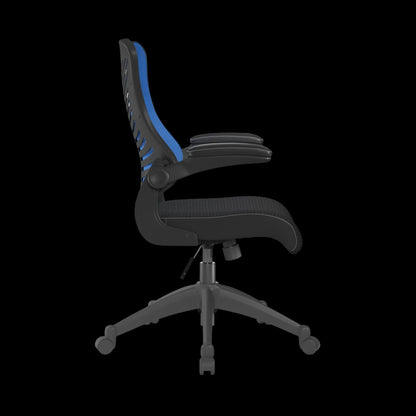 Black office chair with blue backrest on a black  background