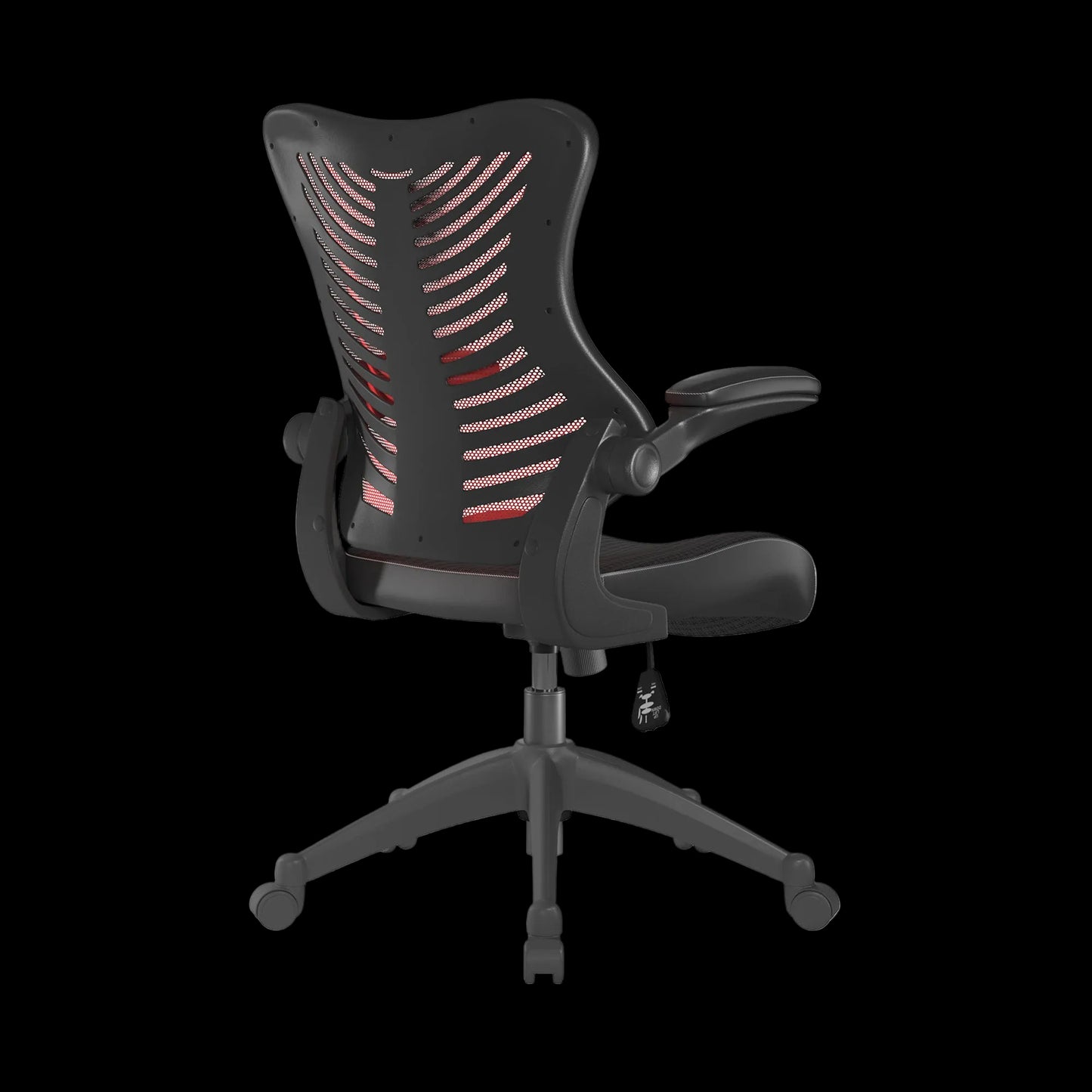 Black office chair with mesh back on a black background