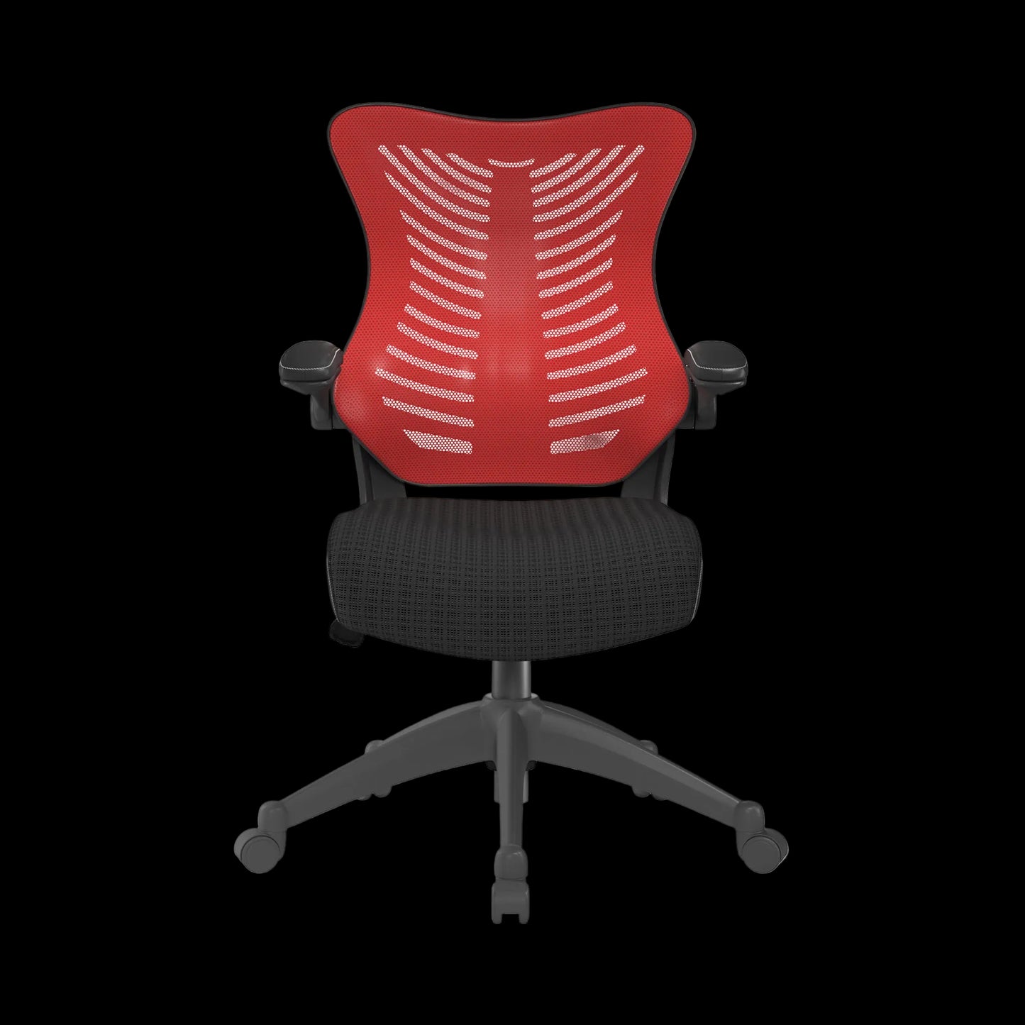 Red office chair with black mesh seat on a black background